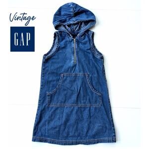 Vintage 90s GAP Girls Denim Hoodie Jumper Dress | Kangaroo Pocket | Size L 10-12
